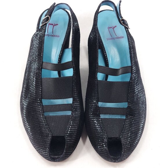 THIERRY RABOTIN Cherri Black Suede Peep Toe Slingback Wedge Sandals - Picture 3 of 7